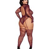 Floral Net Seamless LS Teddy w. Attached Stockings
