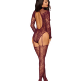 Floral Net Seamless LS Teddy w. Attached Stockings