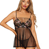 Floral Embroidery Lace Up Top Pin Dot Mesh Babydoll