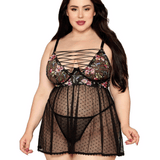 Floral Embroidery Lace Up Top Pin Dot Mesh Babydoll