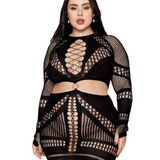 Seamless Opaque Net Long Sleeve Cut Out Chemise