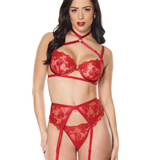 Lace Underwire Bra, Thong & Garterbelt w. Metallic Trims