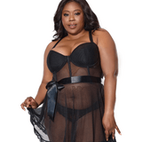 Sheer Mesh Apron Babydoll w. Satin Ribbon Belt
