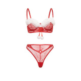 April Underwire Dot Mesh Bra & Thong Set w. Marabou Trim