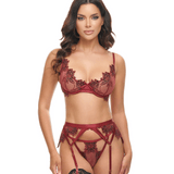 Nina Wax Coated Embroidery Bra, Garterbelt & G-String Set