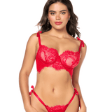 Eyelash Lace Bra & Thong w. Ribbon Ties