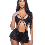Mesh Rhinestone Flutter Skirt