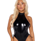 Trinity Patent High Collar Lace Up Side Thong Back Teddy