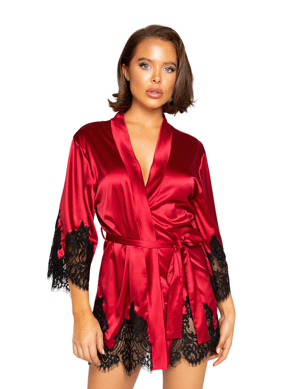 Short Satin Kimono Robe w. Eyelash Lace Sleeves