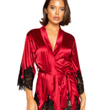 Short Satin Kimono Robe w. Eyelash Lace Sleeves