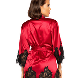 Short Satin Kimono Robe w. Eyelash Lace Sleeves