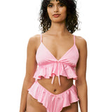 Stretch Satin Tie Front Cami & Flutter Short Set