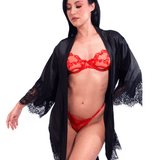 Short Satin Kimono Robe w. Eyelash Lace Sleeves