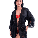 Short Satin Kimono Robe w. Eyelash Lace Sleeves