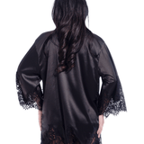 Short Satin Kimono Robe w. Eyelash Lace Sleeves