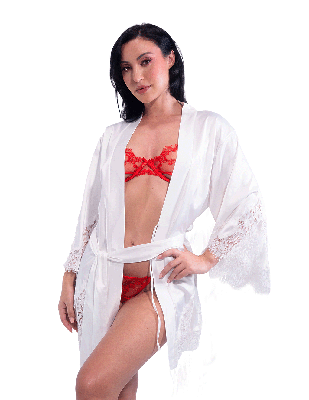 Short Satin Kimono Robe w. Eyelash Lace Sleeves