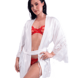Short Satin Kimono Robe w. Eyelash Lace Sleeves
