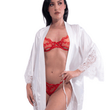 Short Satin Kimono Robe w. Eyelash Lace Sleeves