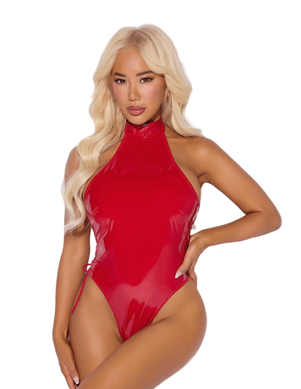 Trinity Patent High Collar Lace Up Side Thong Back Teddy